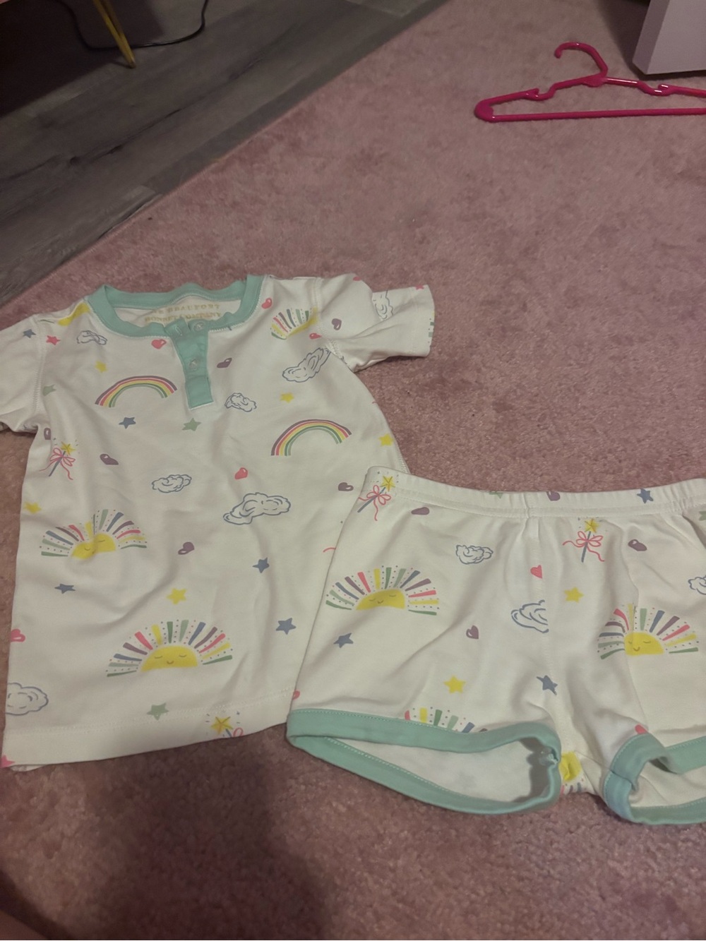 The Beaufort Bonnet Company White Rainbow & Sun Pajama Set with Mint Trim